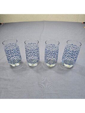 Vintage Cottage Core Set Of 4 Glass Tumbler Drinking Glasses Blue Floral 5” Tall